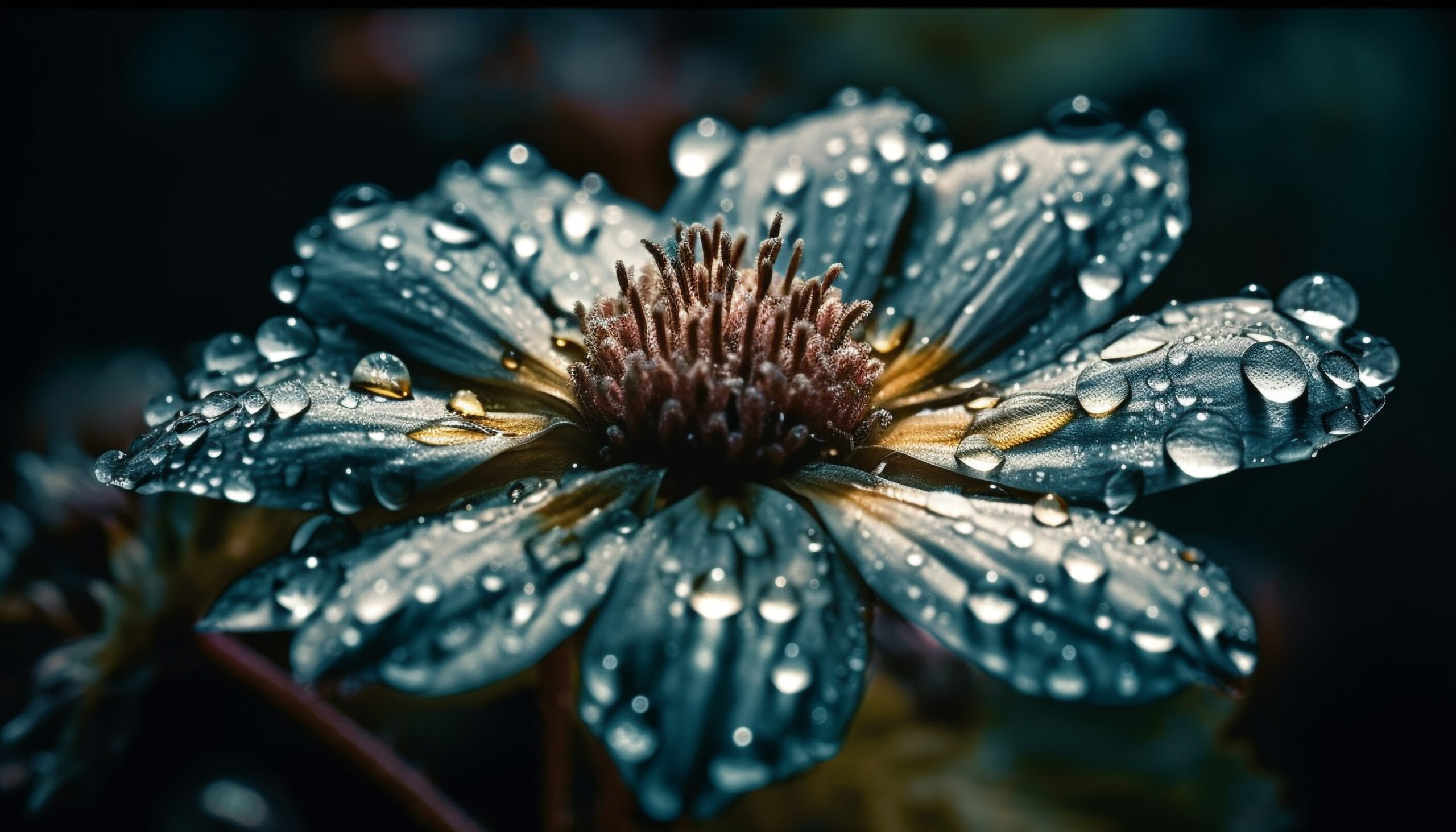 Vibrant dew drops on purple chamomile beauty generated by AI